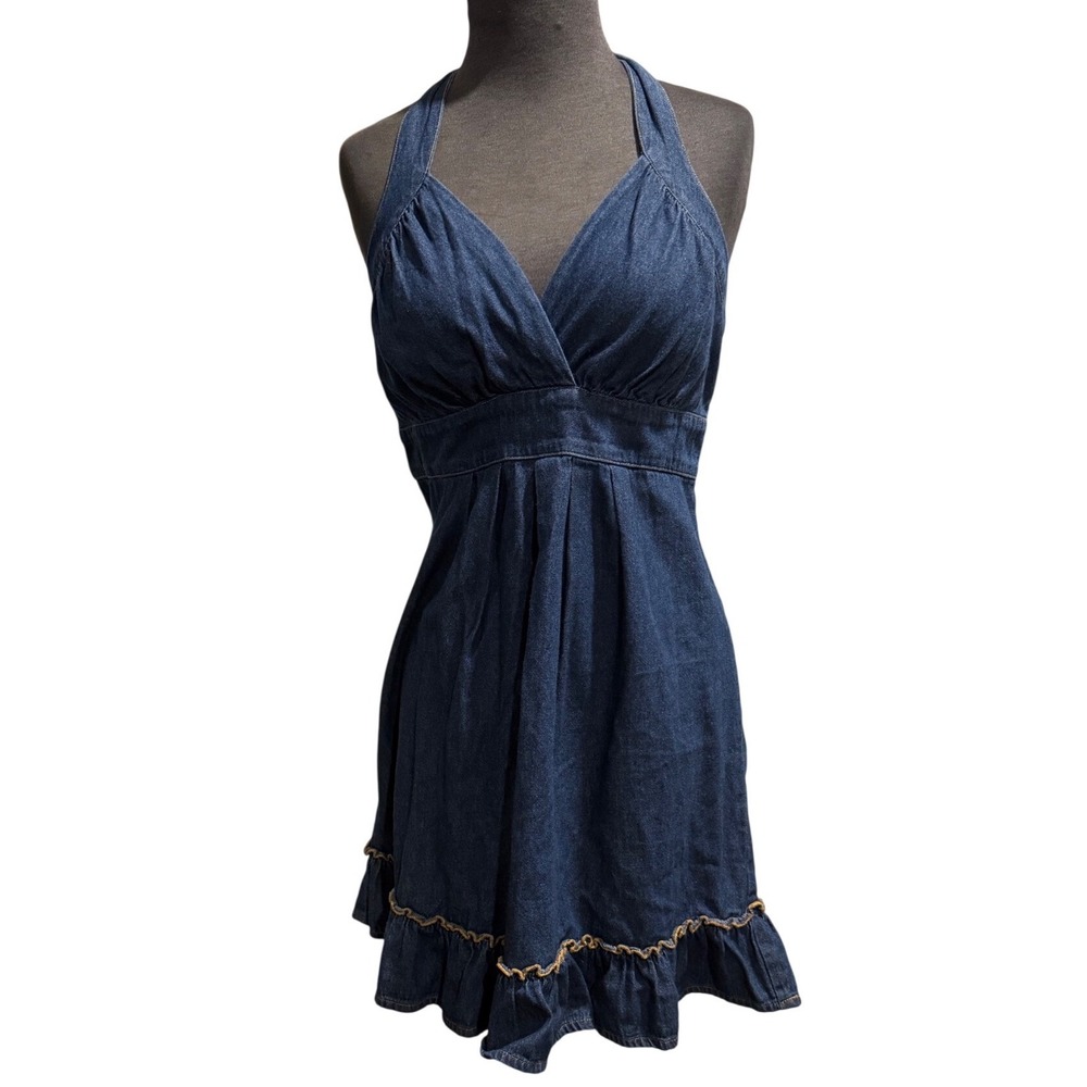 JFW Just For Wraps Denim Halter Mini Dress Blue Cotton Ruffle Hem Vintage Sz 11